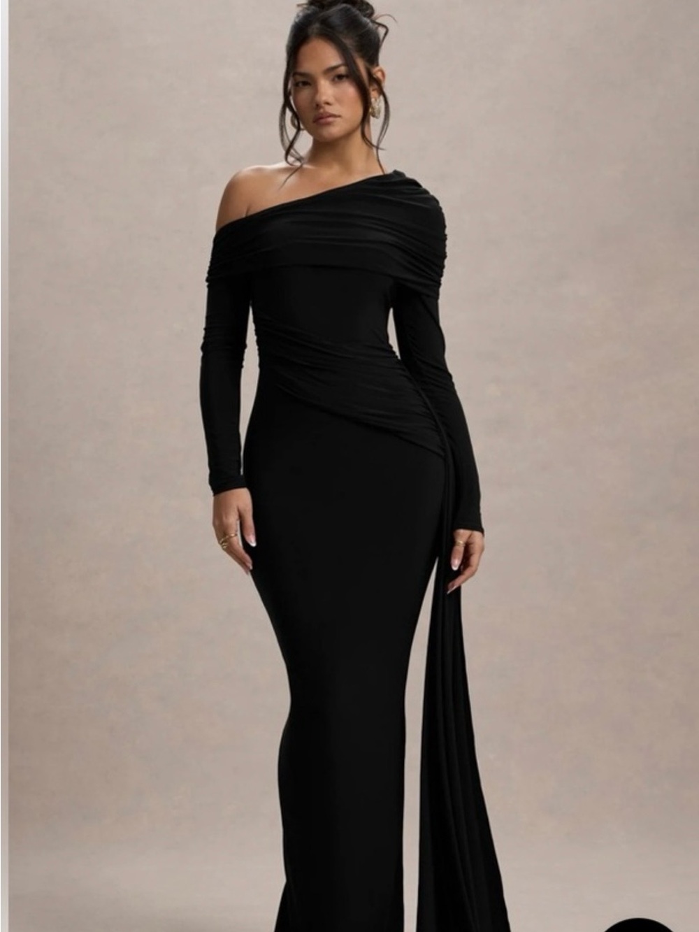 Club L London Black One-Shoulder Draped Evening Gown